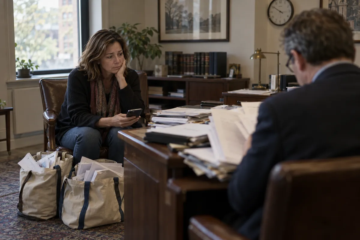Une femme assise dans le bureau d'un avocat, deux sacs de papiers à ses pieds, pendant que l'avocat lit des documents