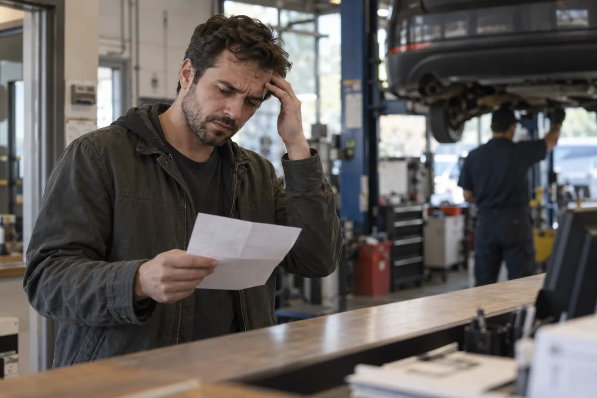 Un homme au comptoir d'un garage, une lettre à la main, l'air soucieux, une voiture sur le pont à l'arrière-plan