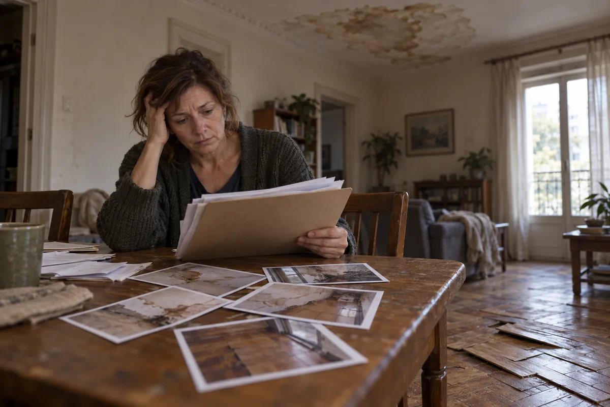 Une femme à sa table devant des photos du dégât des eaux, le plafond taché et le parquet soulevé