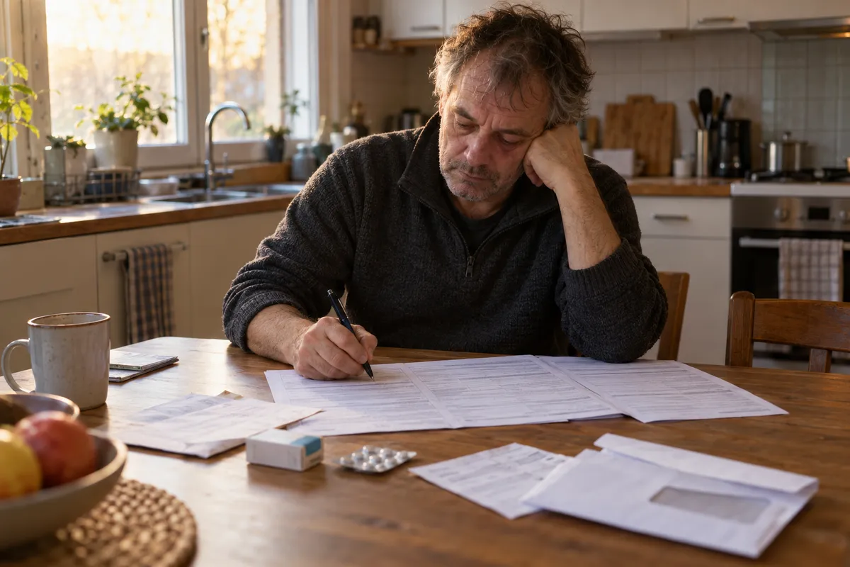 Un homme fatigué remplit un long formulaire à la table de sa cuisine, une boîte de médicaments et une ordonnance posées à côté