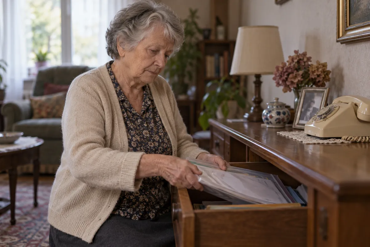 Une femme âgée range une pochette de documents dans le tiroir d'une commode