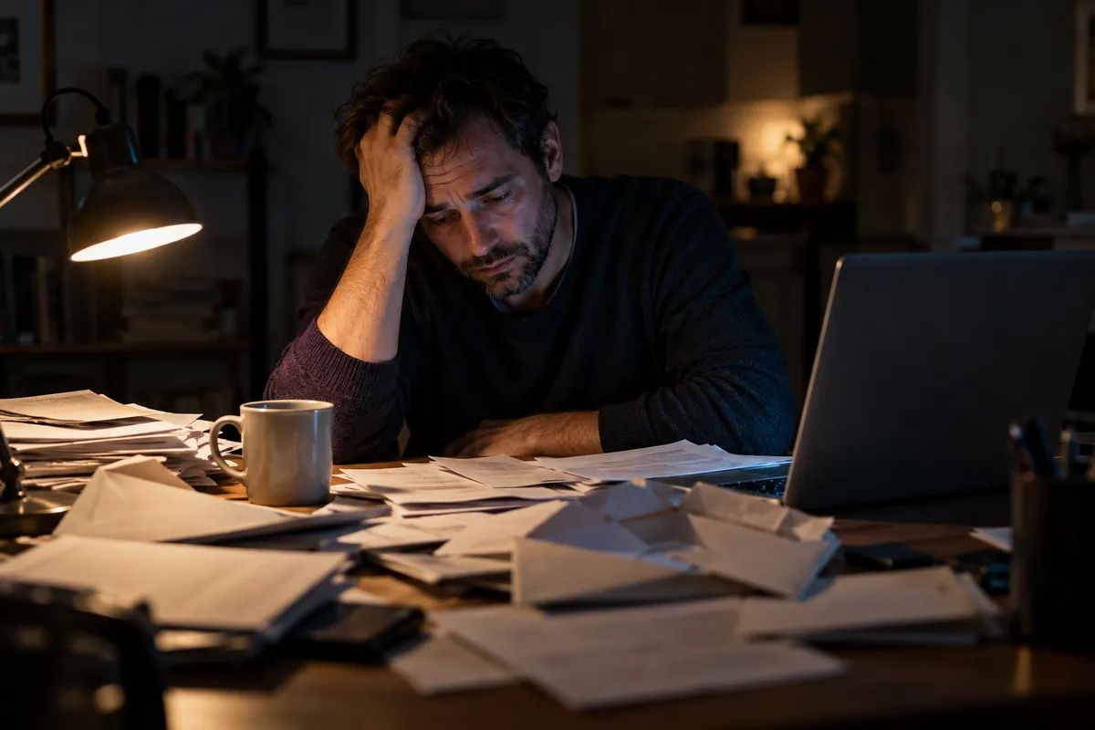 Un homme épuisé, la nuit, devant un bureau couvert de papiers et d'enveloppes
