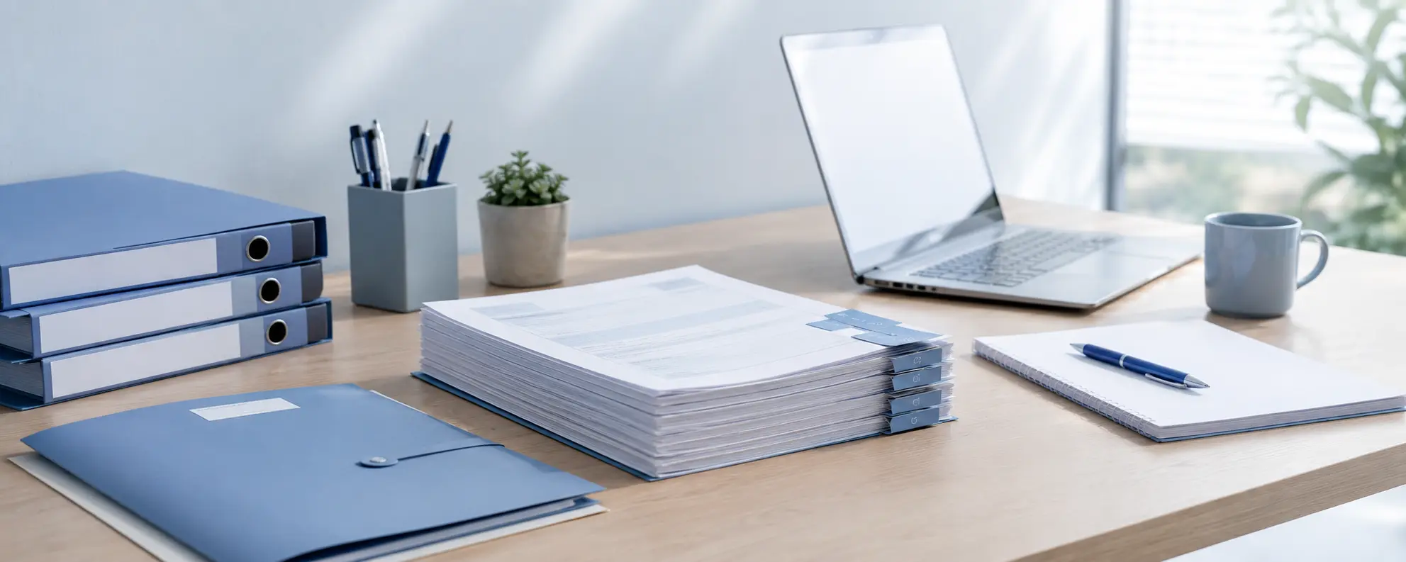 Dossier de recours administratif en cours de préparation sur un bureau avec documents, chemise et stylo